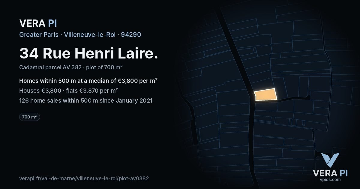 34 Rue Henri Laire, Villeneuve-le-Roi at night – the plot lit, the parcels around coloured by the prices near them
