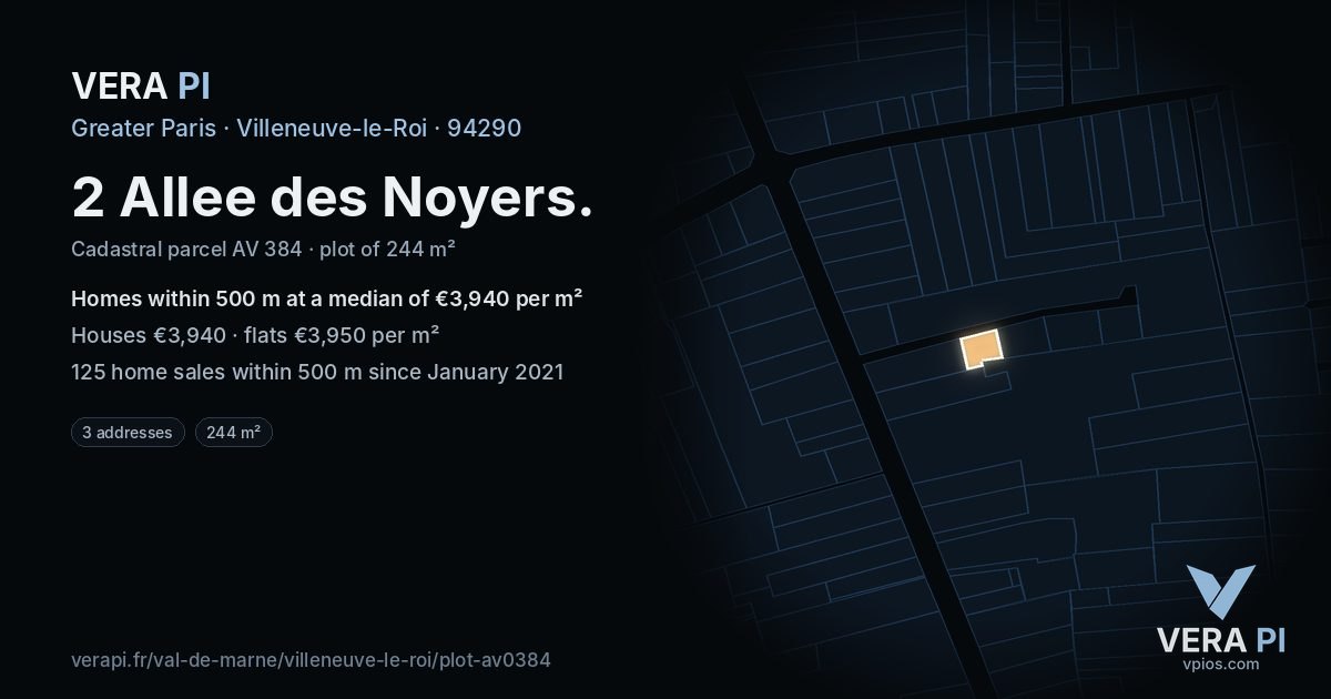 2 Allee des Noyers, Villeneuve-le-Roi at night – the plot lit, the parcels around coloured by the prices near them