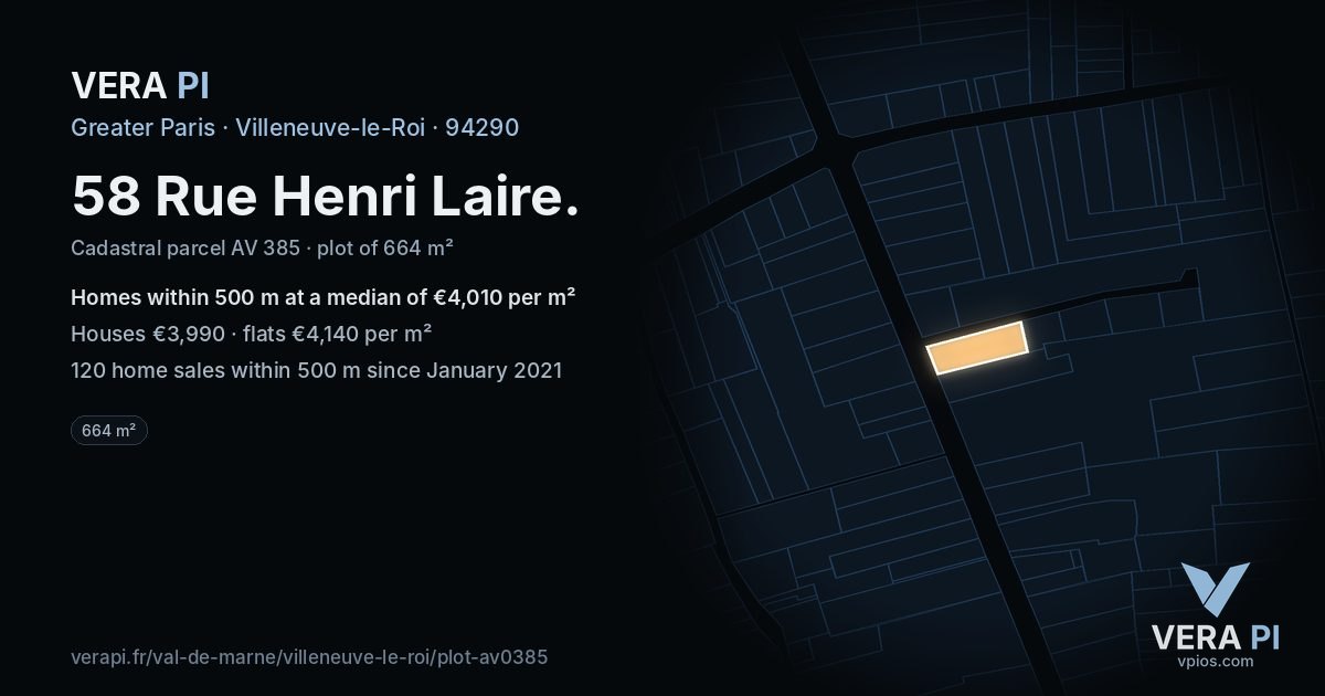 58 Rue Henri Laire, Villeneuve-le-Roi at night – the plot lit, the parcels around coloured by the prices near them