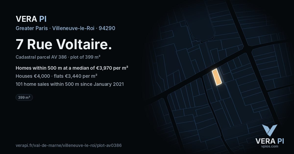 7 Rue Voltaire, Villeneuve-le-Roi at night – the plot lit, the parcels around coloured by the prices near them