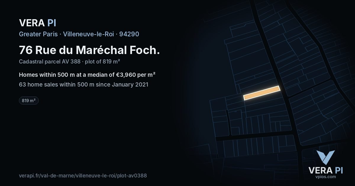 76 Rue du Maréchal Foch, Villeneuve-le-Roi at night – the plot lit, the parcels around coloured by the prices near them