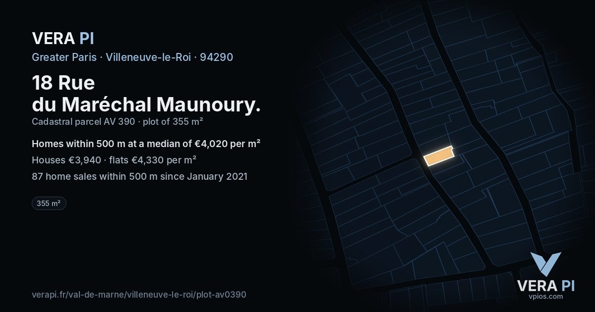 18 Rue du Maréchal Maunoury, Villeneuve-le-Roi at night – the plot lit, the parcels around coloured by the prices near them