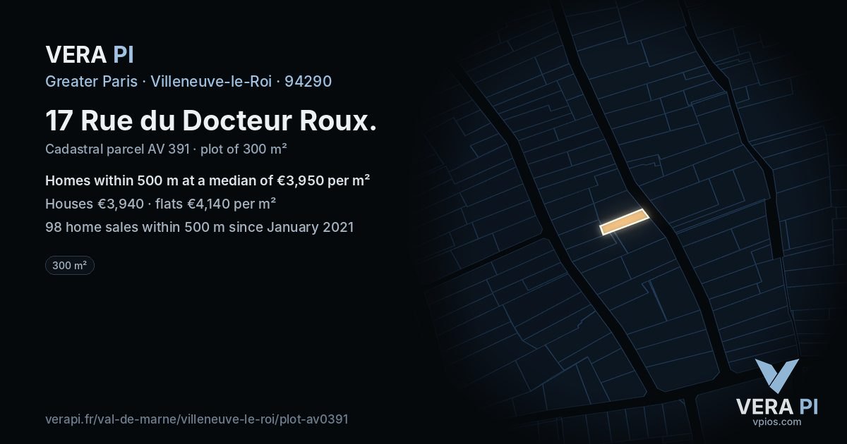 17 Rue du Docteur Roux, Villeneuve-le-Roi at night – the plot lit, the parcels around coloured by the prices near them