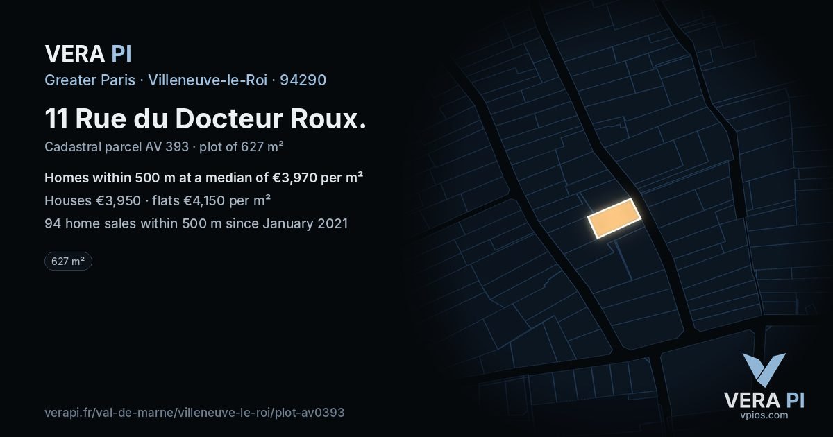 11 Rue du Docteur Roux, Villeneuve-le-Roi at night – the plot lit, the parcels around coloured by the prices near them