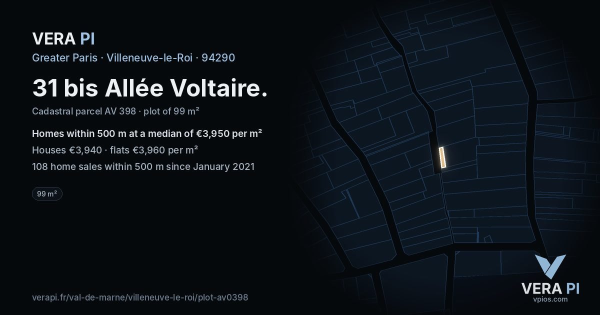 31 bis Allée Voltaire, Villeneuve-le-Roi at night – the plot lit, the parcels around coloured by the prices near them