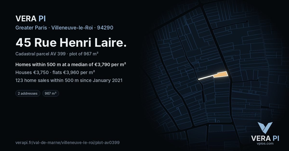 45 Rue Henri Laire, Villeneuve-le-Roi at night – the plot lit, the parcels around coloured by the prices near them