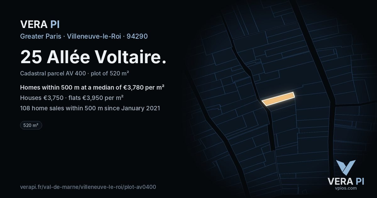 25 Allée Voltaire, Villeneuve-le-Roi at night – the plot lit, the parcels around coloured by the prices near them