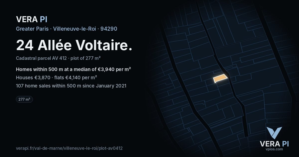 24 Allée Voltaire, Villeneuve-le-Roi at night – the plot lit, the parcels around coloured by the prices near them