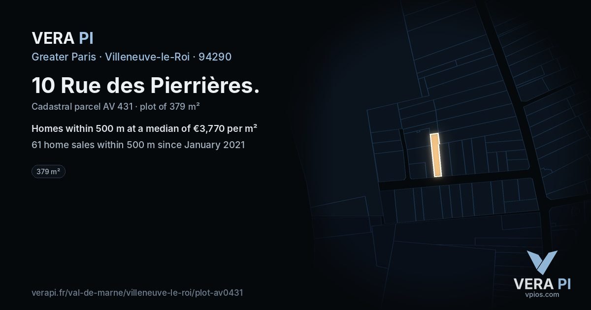 10 Rue des Pierrières, Villeneuve-le-Roi at night – the plot lit, the parcels around coloured by the prices near them