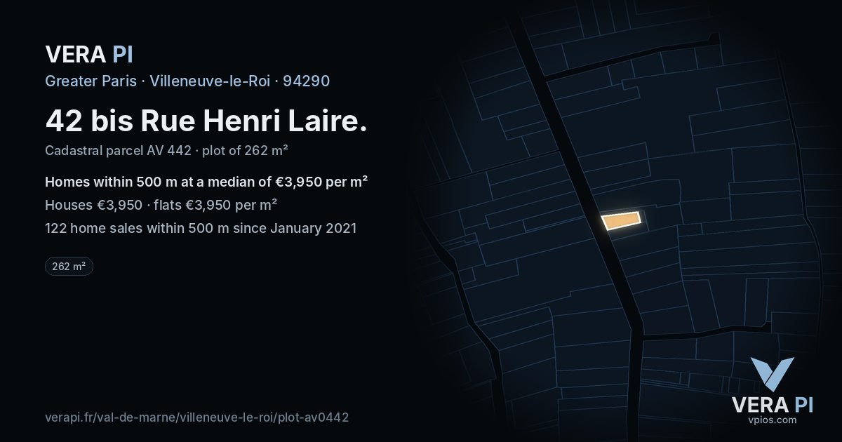 42 bis Rue Henri Laire, Villeneuve-le-Roi at night – the plot lit, the parcels around coloured by the prices near them