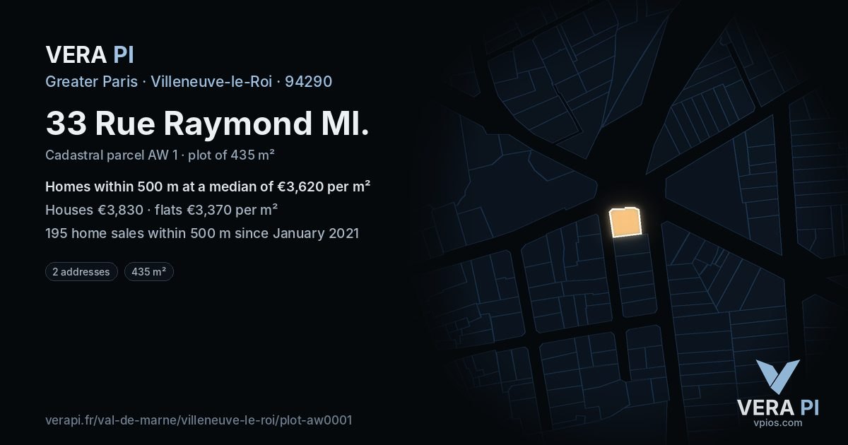 33 Rue Raymond Ml, Villeneuve-le-Roi at night – the plot lit, the parcels around coloured by the prices near them