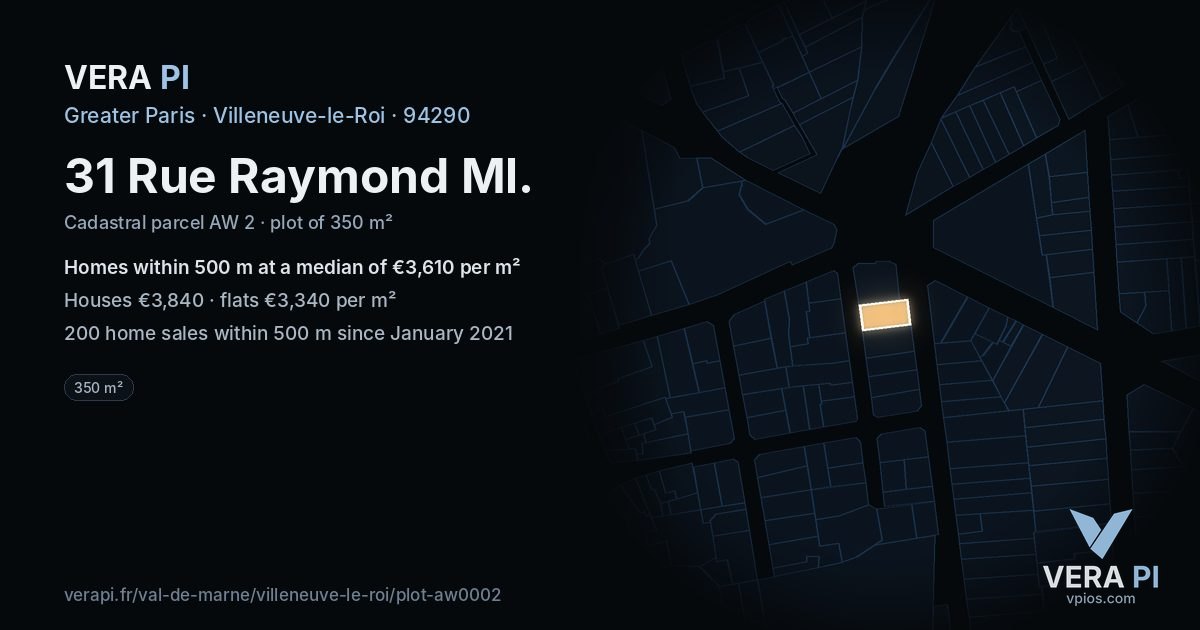 31 Rue Raymond Ml, Villeneuve-le-Roi at night – the plot lit, the parcels around coloured by the prices near them