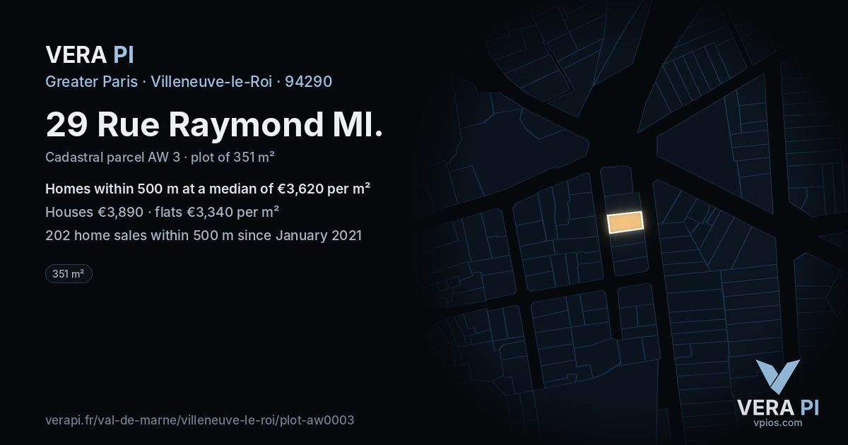 29 Rue Raymond Ml, Villeneuve-le-Roi at night – the plot lit, the parcels around coloured by the prices near them