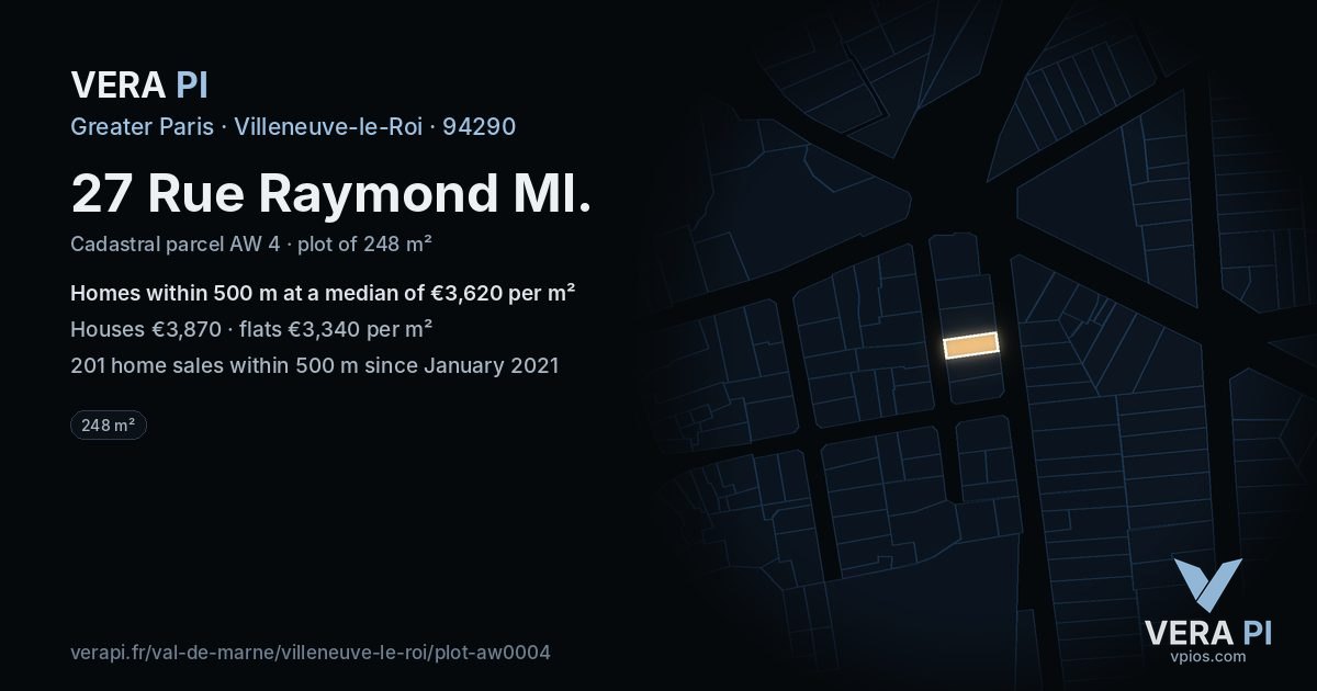 27 Rue Raymond Ml, Villeneuve-le-Roi at night – the plot lit, the parcels around coloured by the prices near them