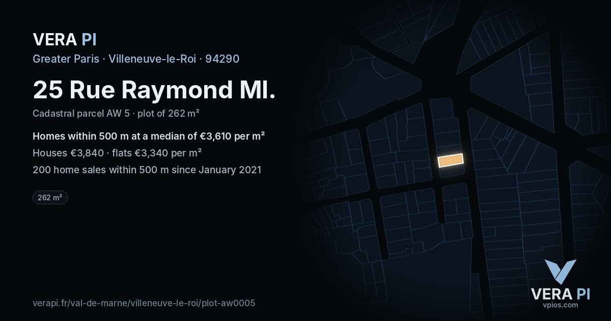 25 Rue Raymond Ml, Villeneuve-le-Roi at night – the plot lit, the parcels around coloured by the prices near them