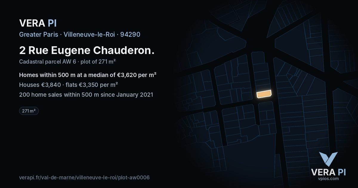 2 Rue Eugene Chauderon, Villeneuve-le-Roi at night – the plot lit, the parcels around coloured by the prices near them