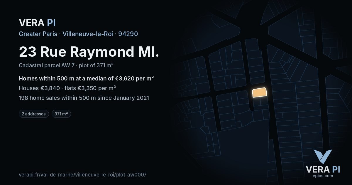 23 Rue Raymond Ml, Villeneuve-le-Roi at night – the plot lit, the parcels around coloured by the prices near them
