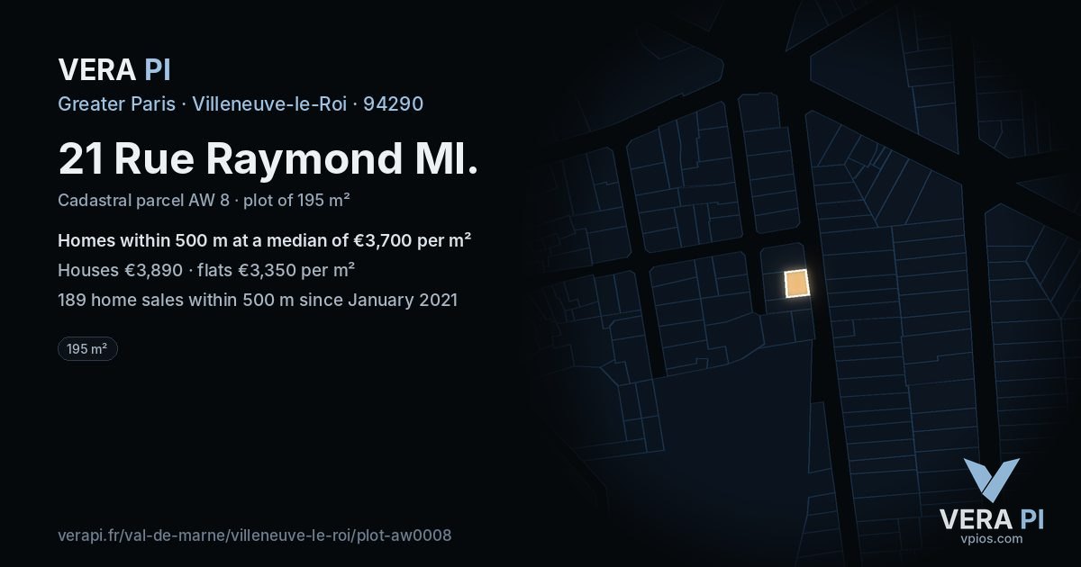 21 Rue Raymond Ml, Villeneuve-le-Roi at night – the plot lit, the parcels around coloured by the prices near them