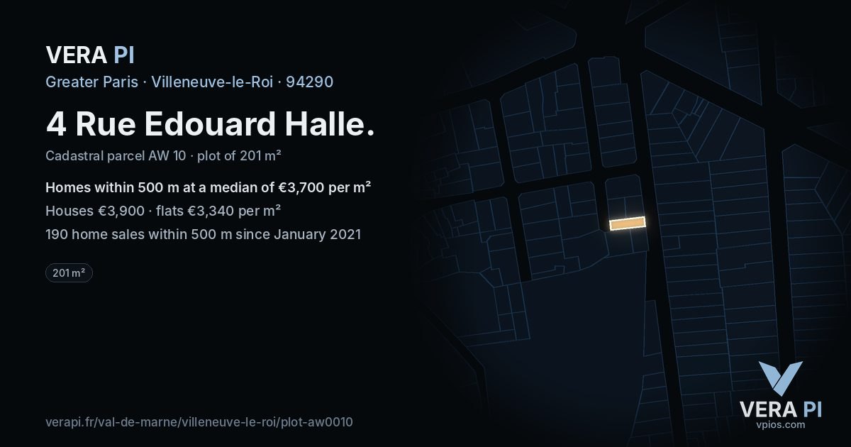 4 Rue Edouard Halle, Villeneuve-le-Roi at night – the plot lit, the parcels around coloured by the prices near them