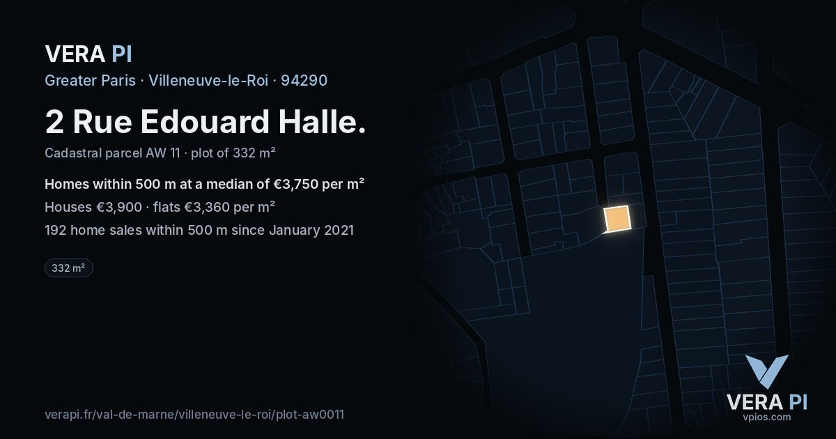 2 Rue Edouard Halle, Villeneuve-le-Roi at night – the plot lit, the parcels around coloured by the prices near them