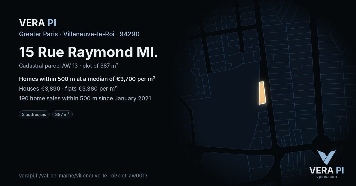 15 Rue Raymond Ml, Villeneuve-le-Roi at night – the plot lit, the parcels around coloured by the prices near them