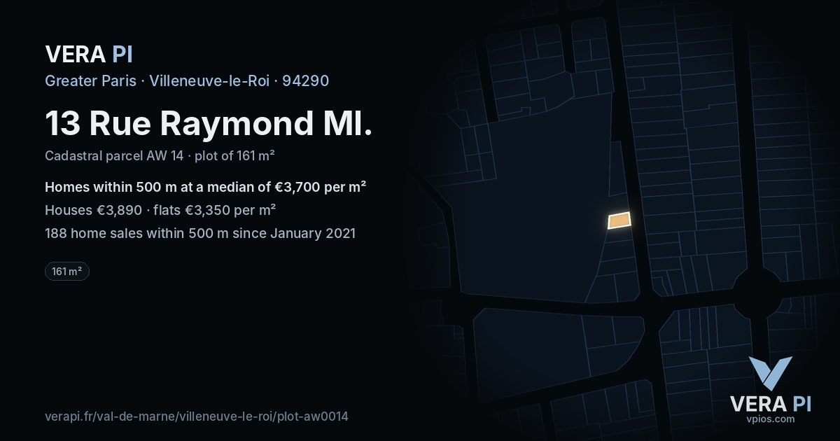 13 Rue Raymond Ml, Villeneuve-le-Roi at night – the plot lit, the parcels around coloured by the prices near them