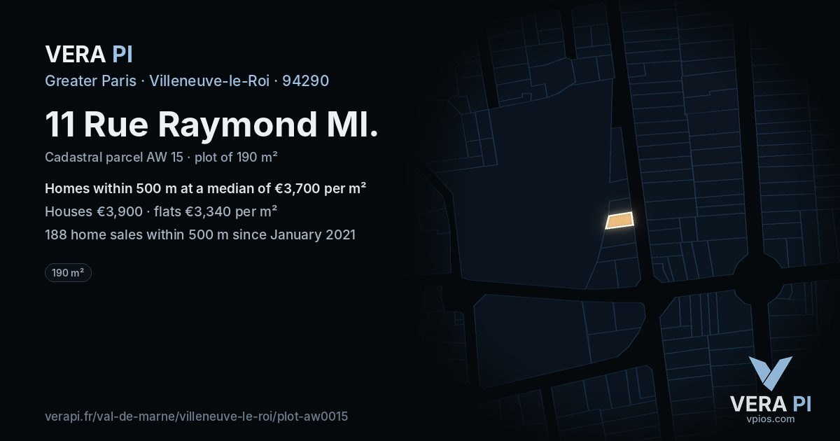 11 Rue Raymond Ml, Villeneuve-le-Roi at night – the plot lit, the parcels around coloured by the prices near them