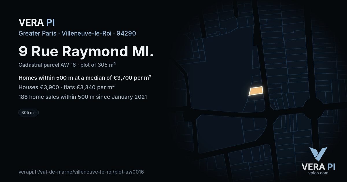9 Rue Raymond Ml, Villeneuve-le-Roi at night – the plot lit, the parcels around coloured by the prices near them