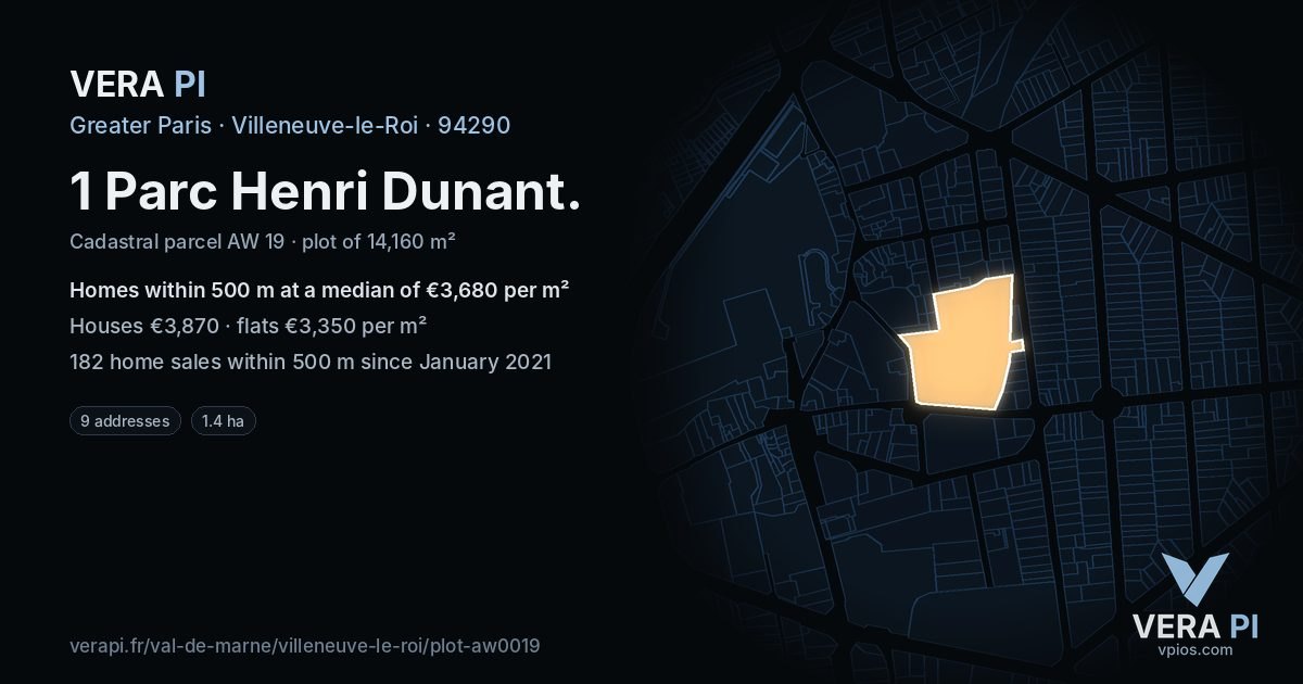 1 Parc Henri Dunant, Villeneuve-le-Roi at night – the plot lit, the parcels around coloured by the prices near them
