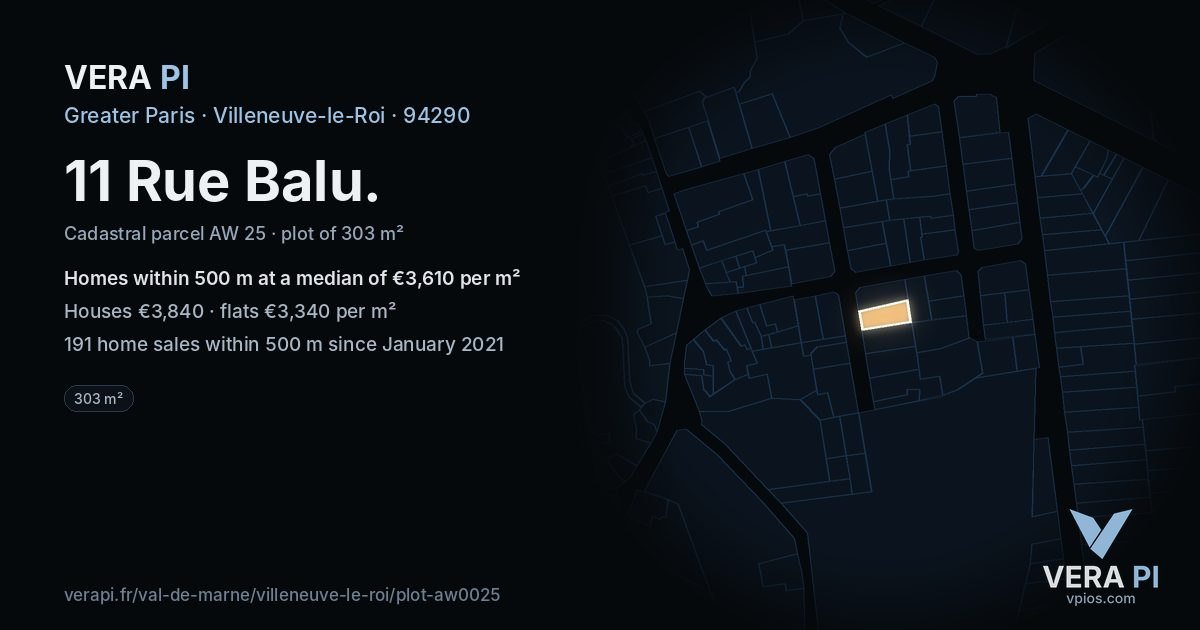 11 Rue Balu, Villeneuve-le-Roi at night – the plot lit, the parcels around coloured by the prices near them