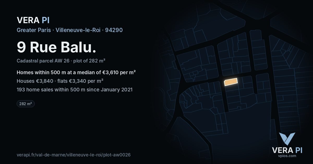 9 Rue Balu, Villeneuve-le-Roi at night – the plot lit, the parcels around coloured by the prices near them