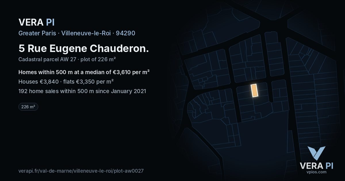 5 Rue Eugene Chauderon, Villeneuve-le-Roi at night – the plot lit, the parcels around coloured by the prices near them