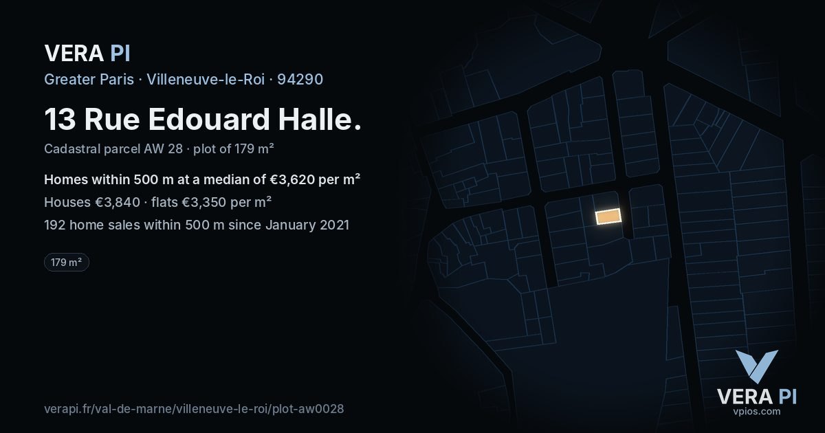 13 Rue Edouard Halle, Villeneuve-le-Roi at night – the plot lit, the parcels around coloured by the prices near them
