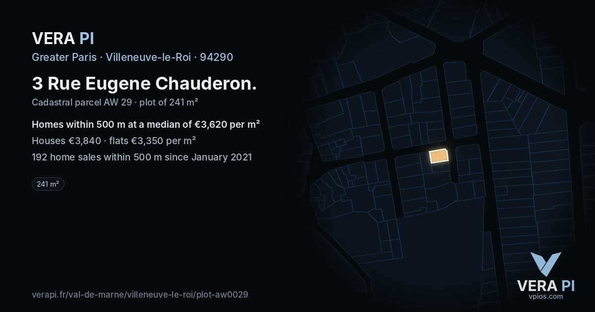3 Rue Eugene Chauderon, Villeneuve-le-Roi at night – the plot lit, the parcels around coloured by the prices near them