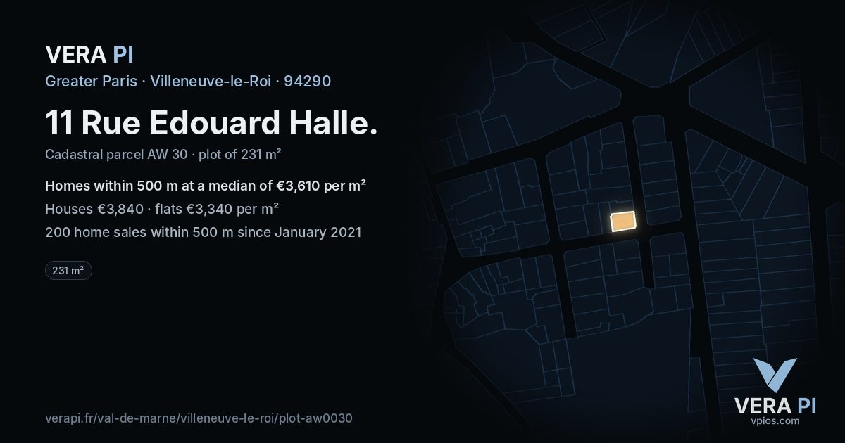 11 Rue Edouard Halle, Villeneuve-le-Roi at night – the plot lit, the parcels around coloured by the prices near them