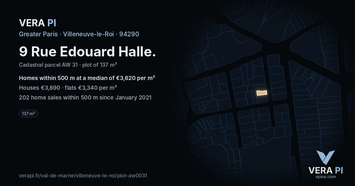 9 Rue Edouard Halle, Villeneuve-le-Roi at night – the plot lit, the parcels around coloured by the prices near them