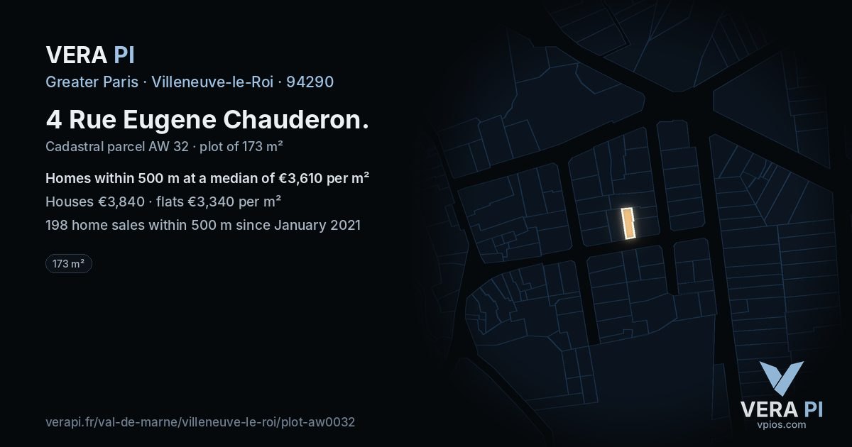 4 Rue Eugene Chauderon, Villeneuve-le-Roi at night – the plot lit, the parcels around coloured by the prices near them