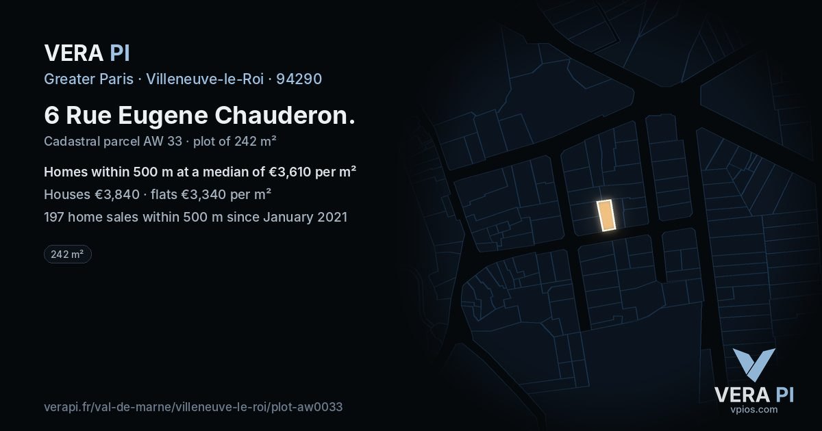 6 Rue Eugene Chauderon, Villeneuve-le-Roi at night – the plot lit, the parcels around coloured by the prices near them