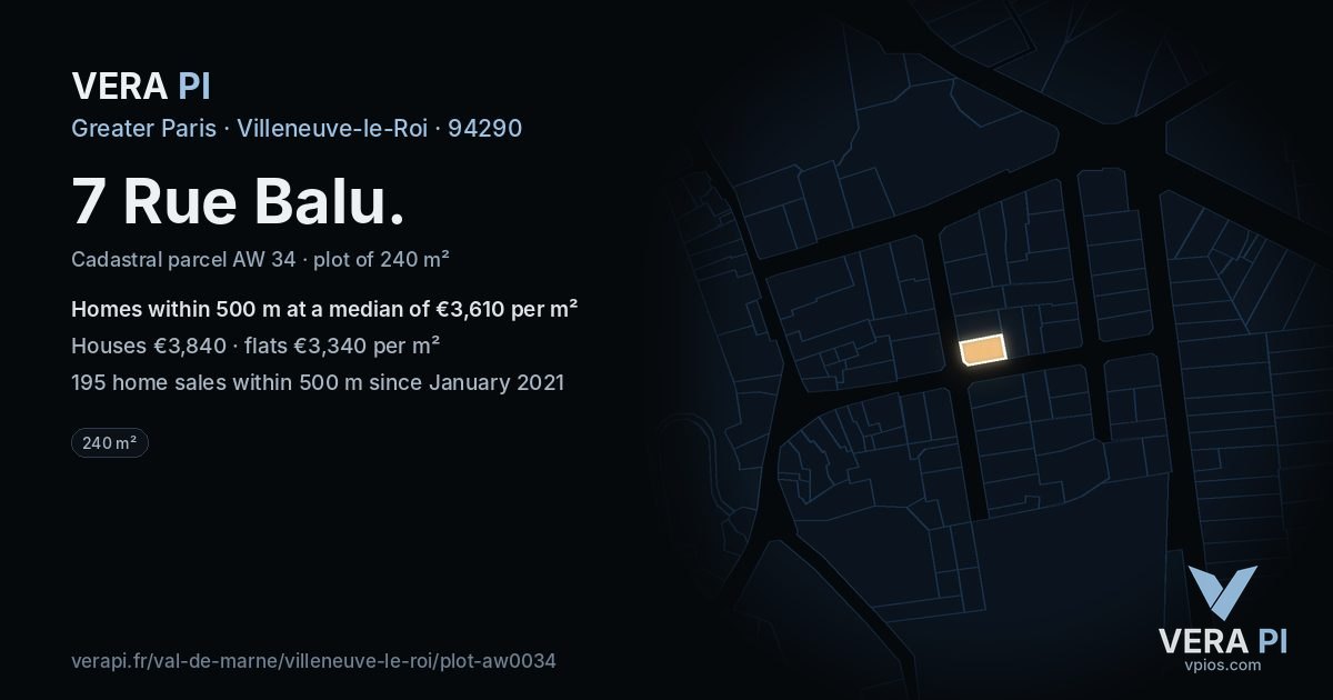 7 Rue Balu, Villeneuve-le-Roi at night – the plot lit, the parcels around coloured by the prices near them