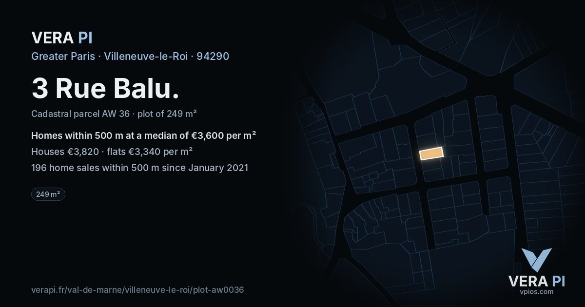 3 Rue Balu, Villeneuve-le-Roi at night – the plot lit, the parcels around coloured by the prices near them