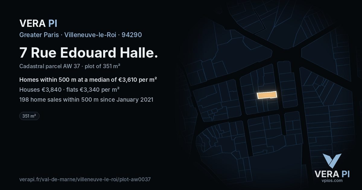 7 Rue Edouard Halle, Villeneuve-le-Roi at night – the plot lit, the parcels around coloured by the prices near them