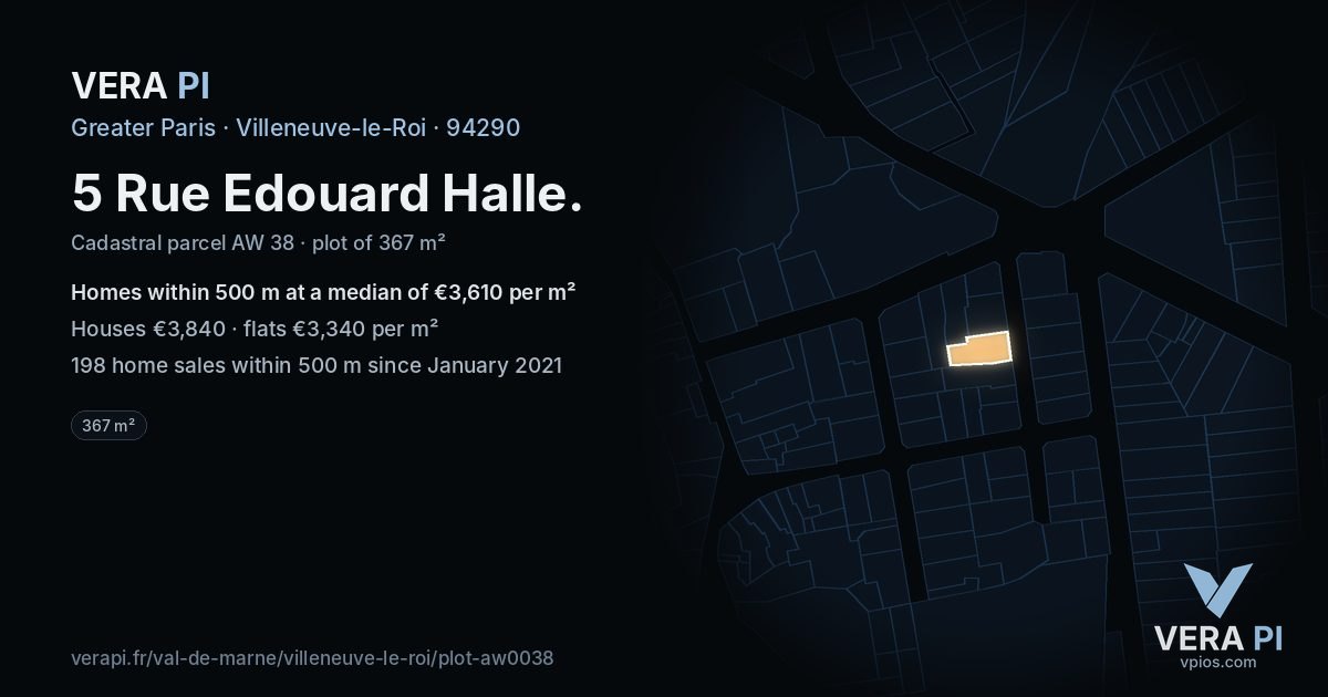 5 Rue Edouard Halle, Villeneuve-le-Roi at night – the plot lit, the parcels around coloured by the prices near them
