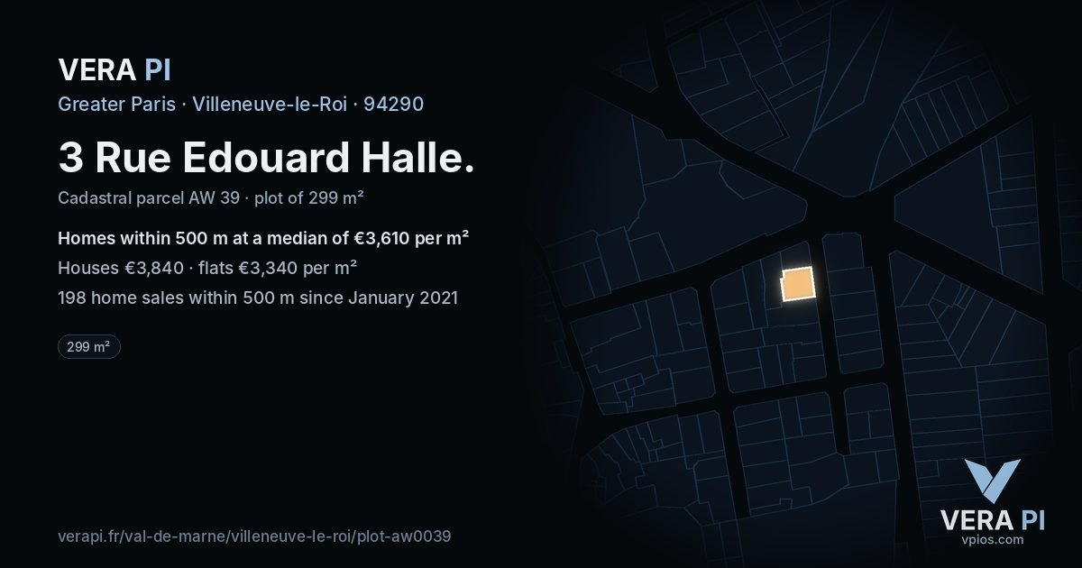 3 Rue Edouard Halle, Villeneuve-le-Roi at night – the plot lit, the parcels around coloured by the prices near them