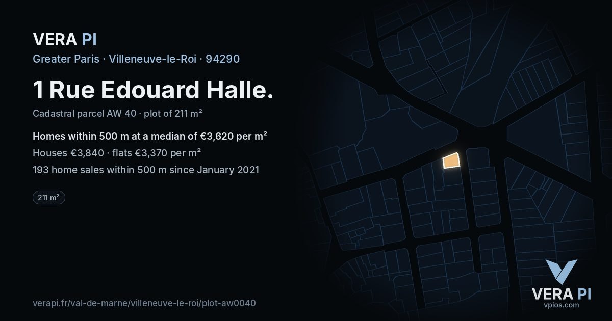 1 Rue Edouard Halle, Villeneuve-le-Roi at night – the plot lit, the parcels around coloured by the prices near them