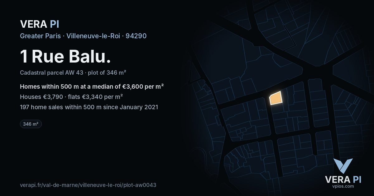 1 Rue Balu, Villeneuve-le-Roi at night – the plot lit, the parcels around coloured by the prices near them