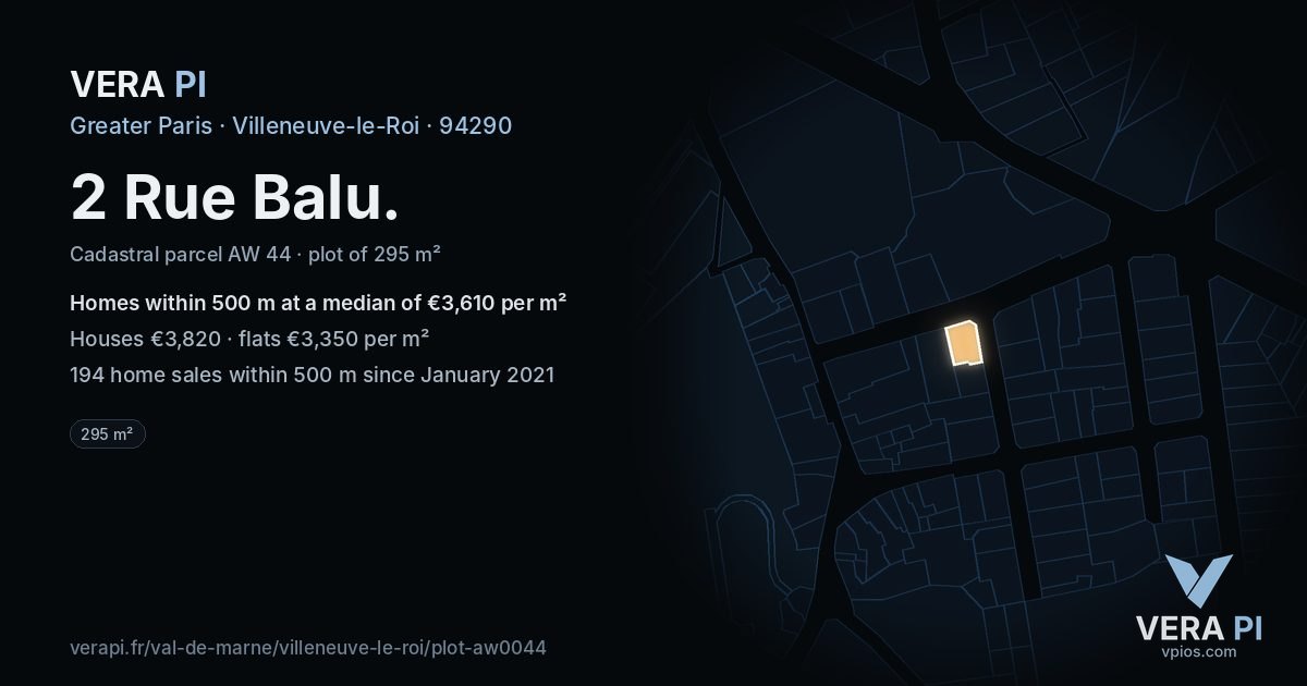 2 Rue Balu, Villeneuve-le-Roi at night – the plot lit, the parcels around coloured by the prices near them