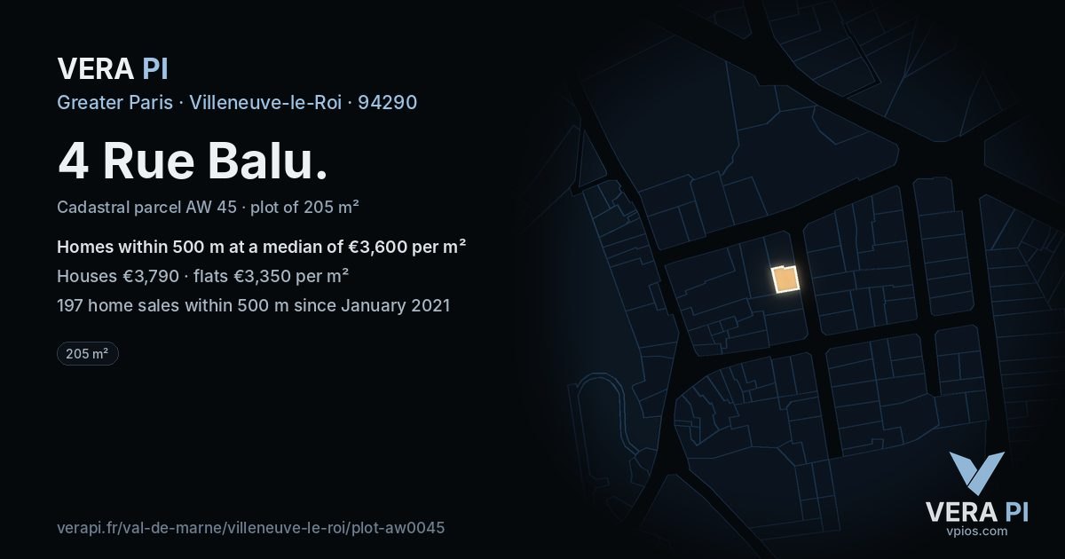 4 Rue Balu, Villeneuve-le-Roi at night – the plot lit, the parcels around coloured by the prices near them