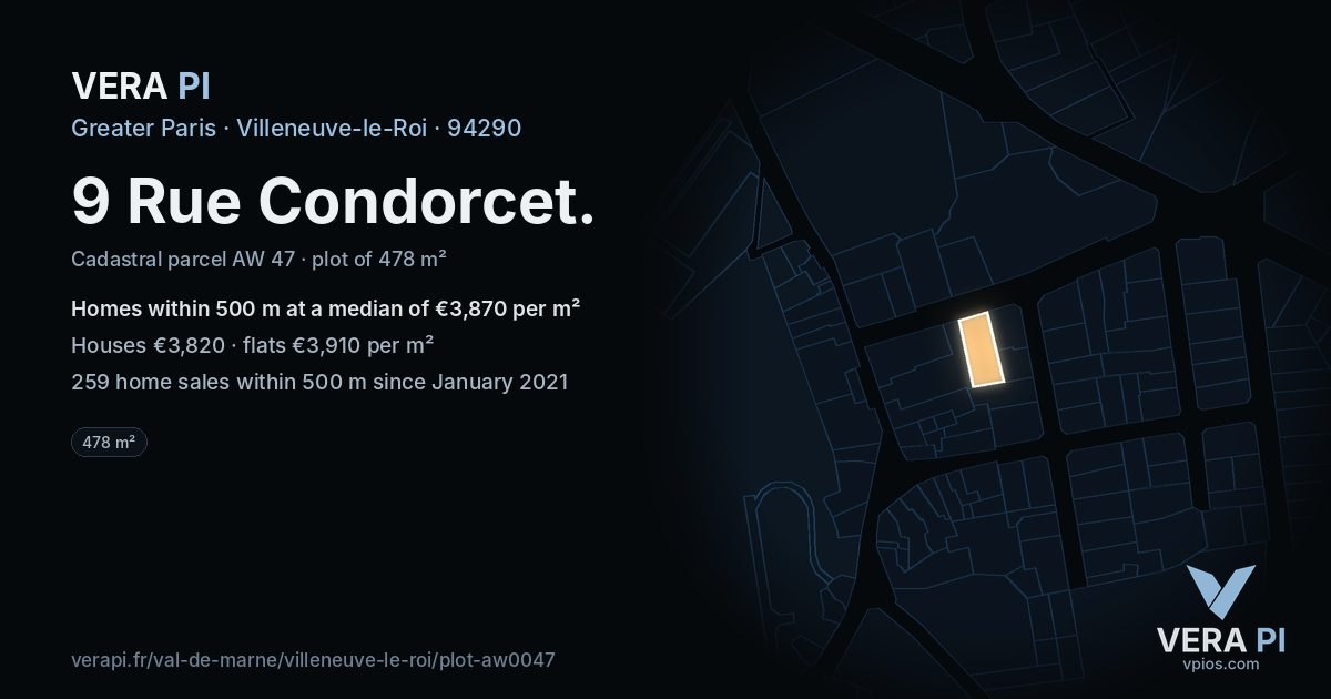 9 Rue Condorcet, Villeneuve-le-Roi at night – the plot lit, the parcels around coloured by the prices near them
