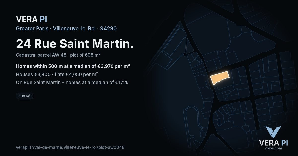 24 Rue Saint Martin, Villeneuve-le-Roi at night – the plot lit, the parcels around coloured by the prices near them