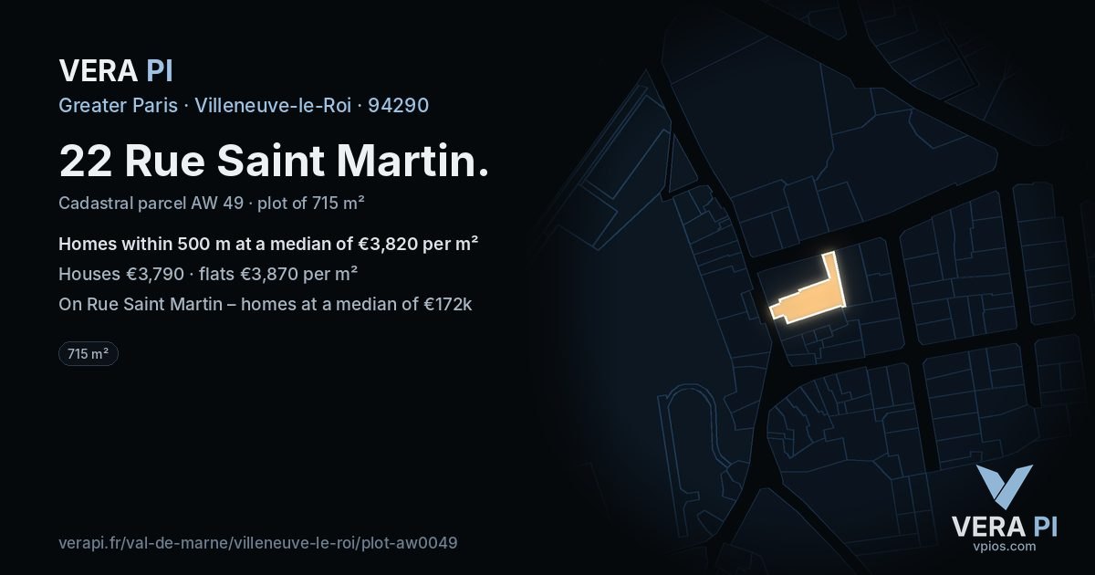 22 Rue Saint Martin, Villeneuve-le-Roi at night – the plot lit, the parcels around coloured by the prices near them